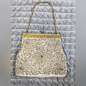Vintage Beaded Purse White/Gold Hand Made In France Clasp Closure 1960's